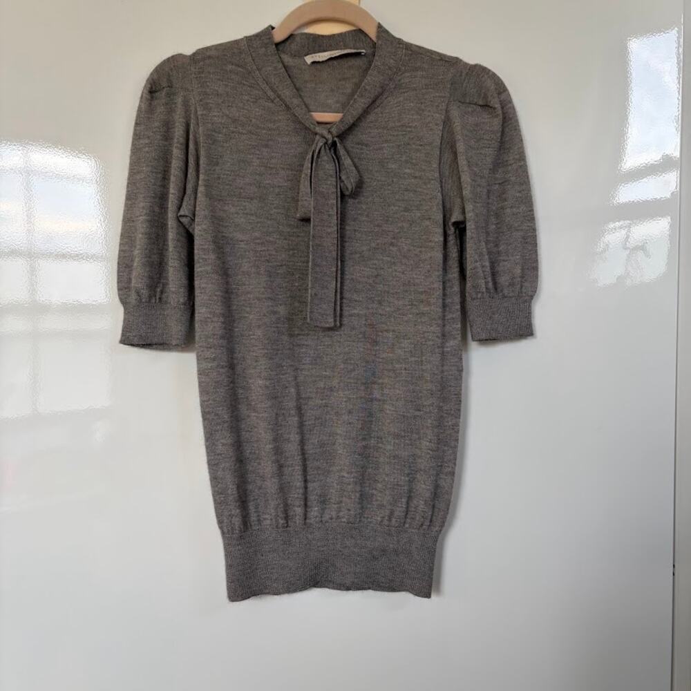 Stella McCartney Gray Tie Neck Puff Sleeve Knit Top Made in Italy XS/S